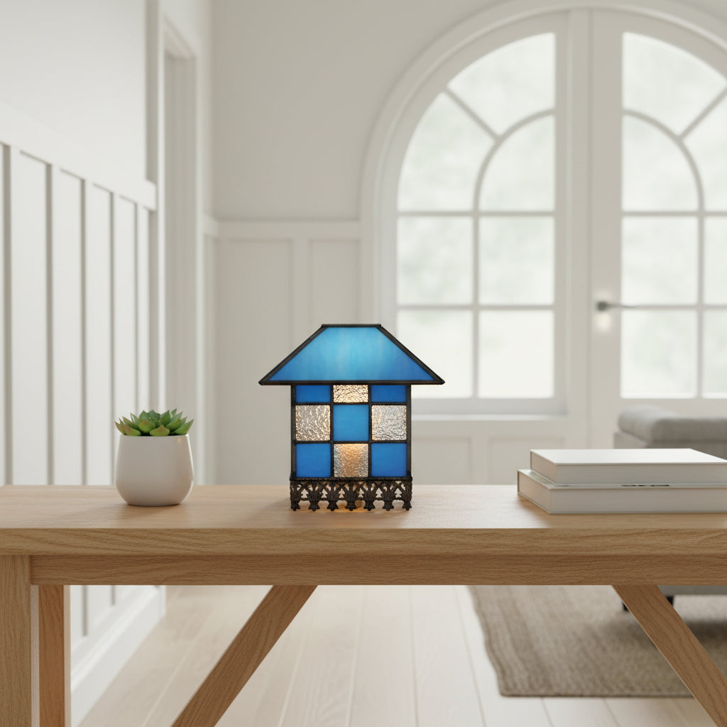 Blue Tinted Glass Lantern with Geometric Checkered Pattern