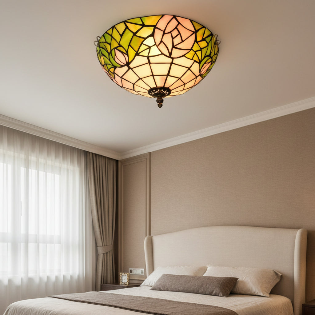Round Tiffany Stained Glass Ceiling Light in Green & Peach