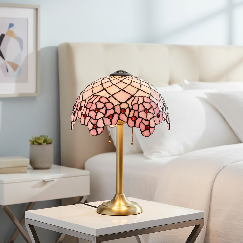 Pink Floral Tiffany Lampshade with Red Cabochons