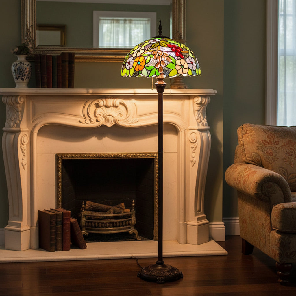 Tiffany Style Glass Floor Lamp with Flowers and Fruits