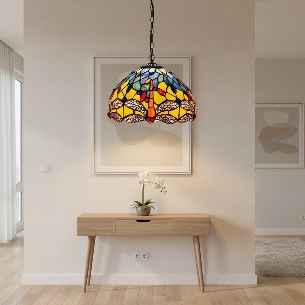 Yellow and Blue Stained Glass Tiffany Pendant Light Dragonfly