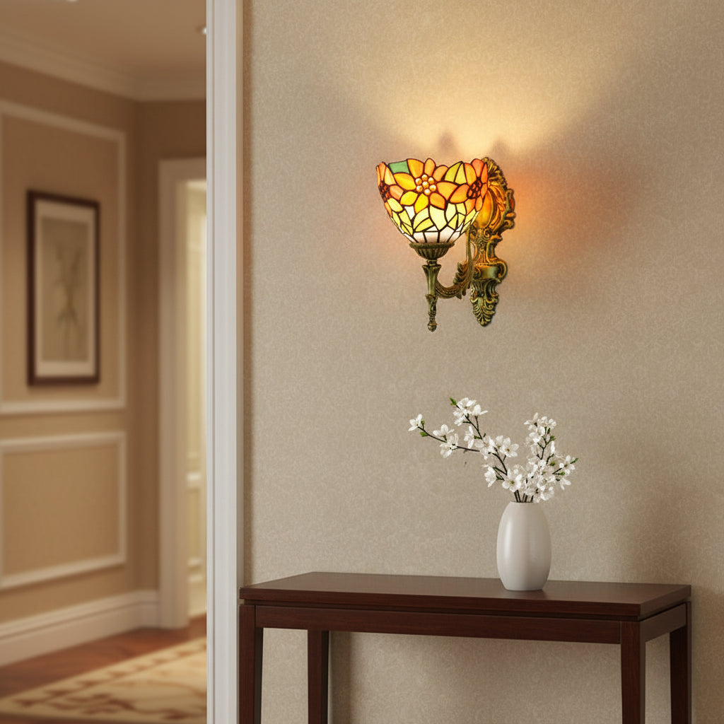 Floral Tiffany Wall Sconce in Stained Glass and Aged Brass