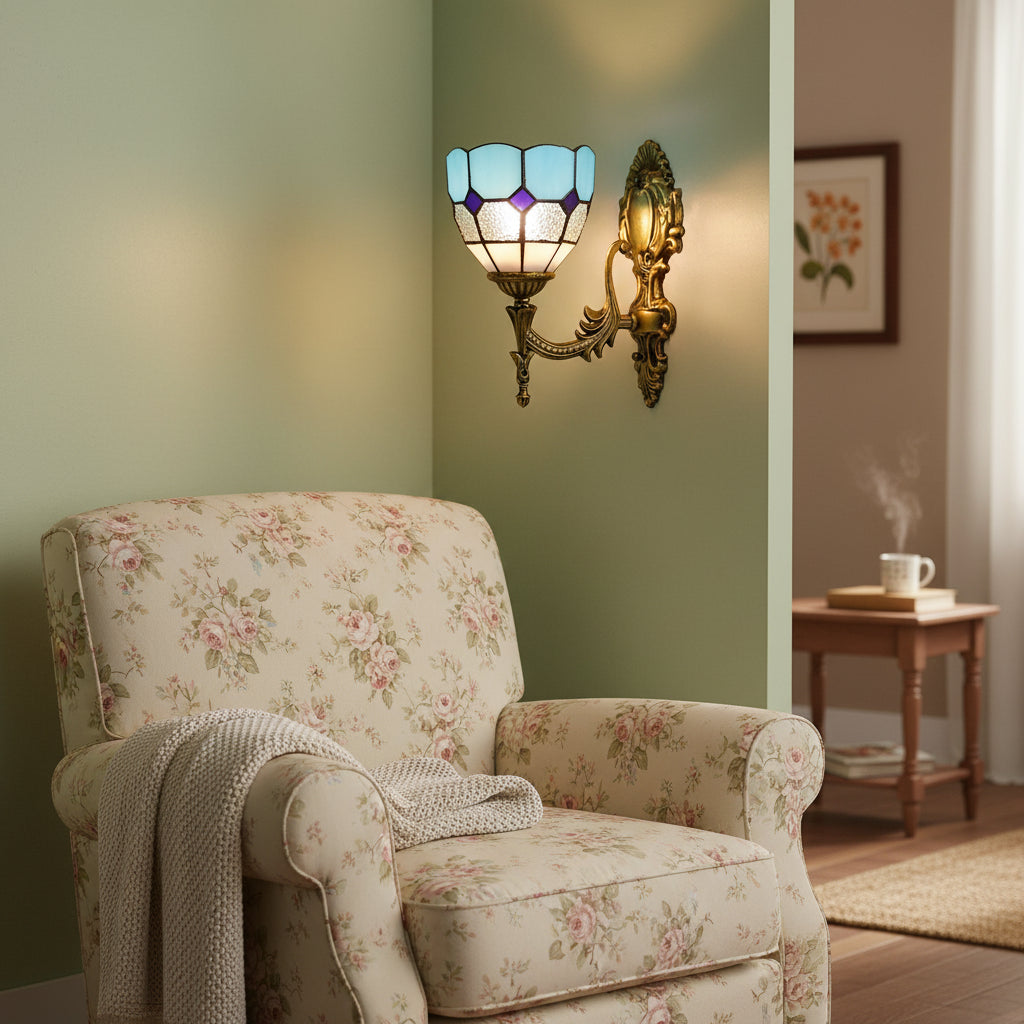 Ornate Wall Sconce in Blue and Purple Tinted Glass