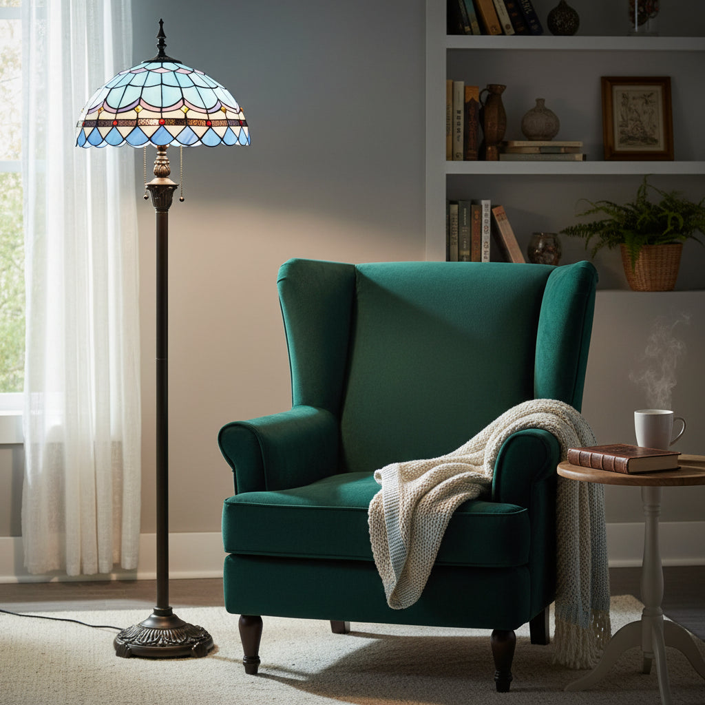 Tiffany-style floor lamp in blue and multicolored stained glass