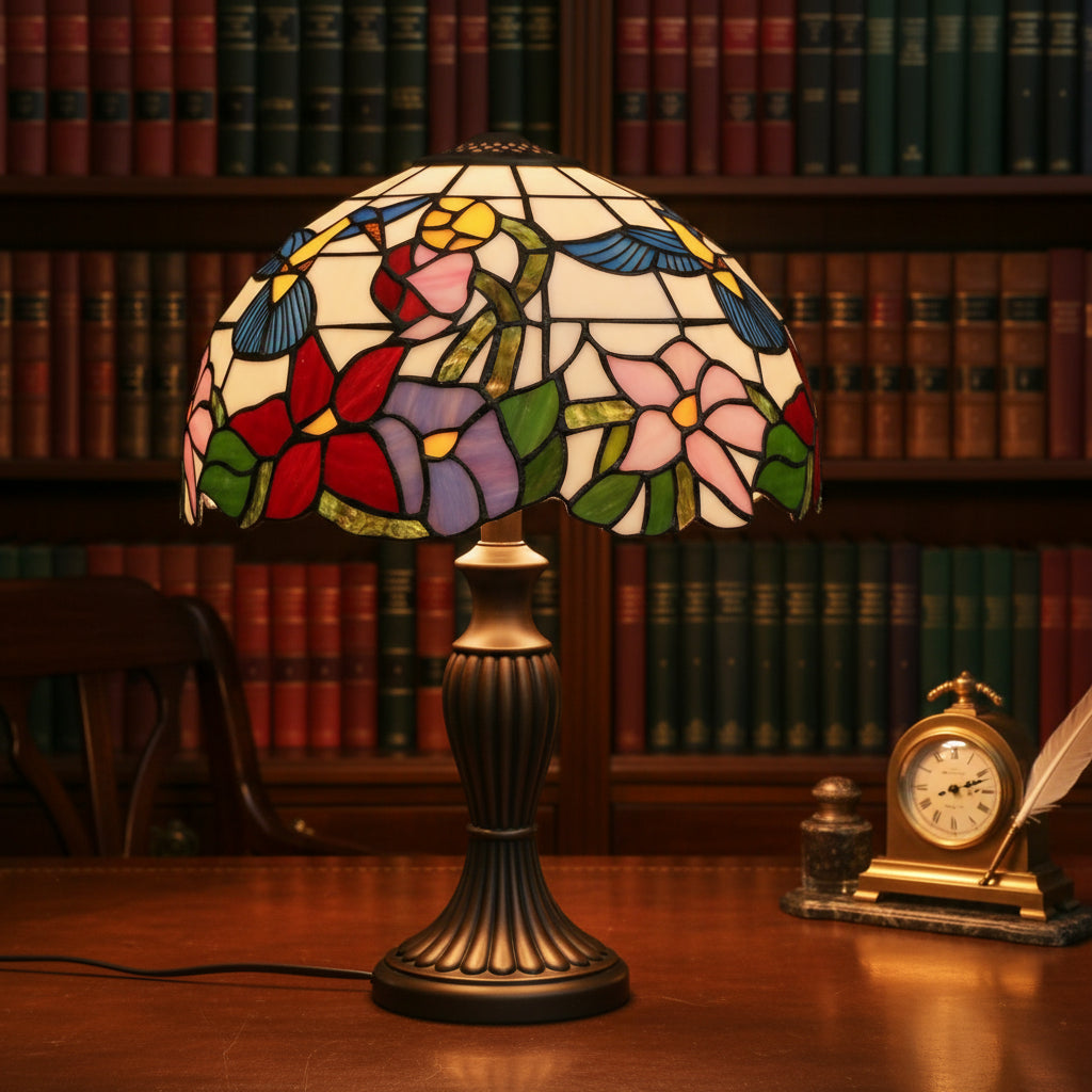 Tiffany-style stained glass lampshade with hummingbird and flower design