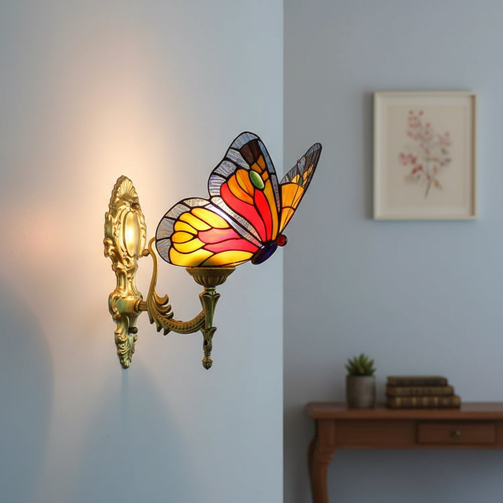 Ornate Tiffany Style Stained Glass Butterfly Wall Sconce
