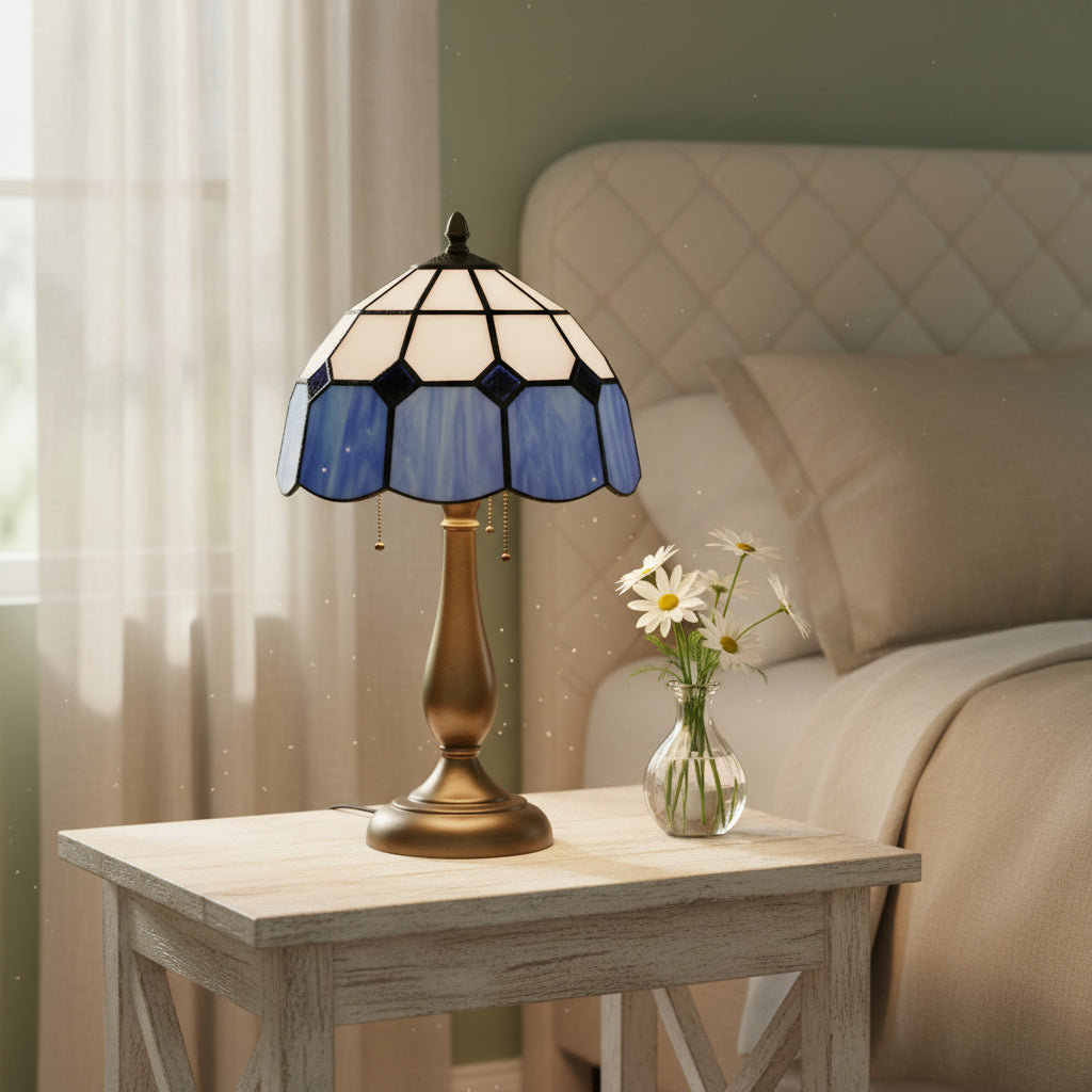 Tiffany Conical Lampshade in White and Blue Glass