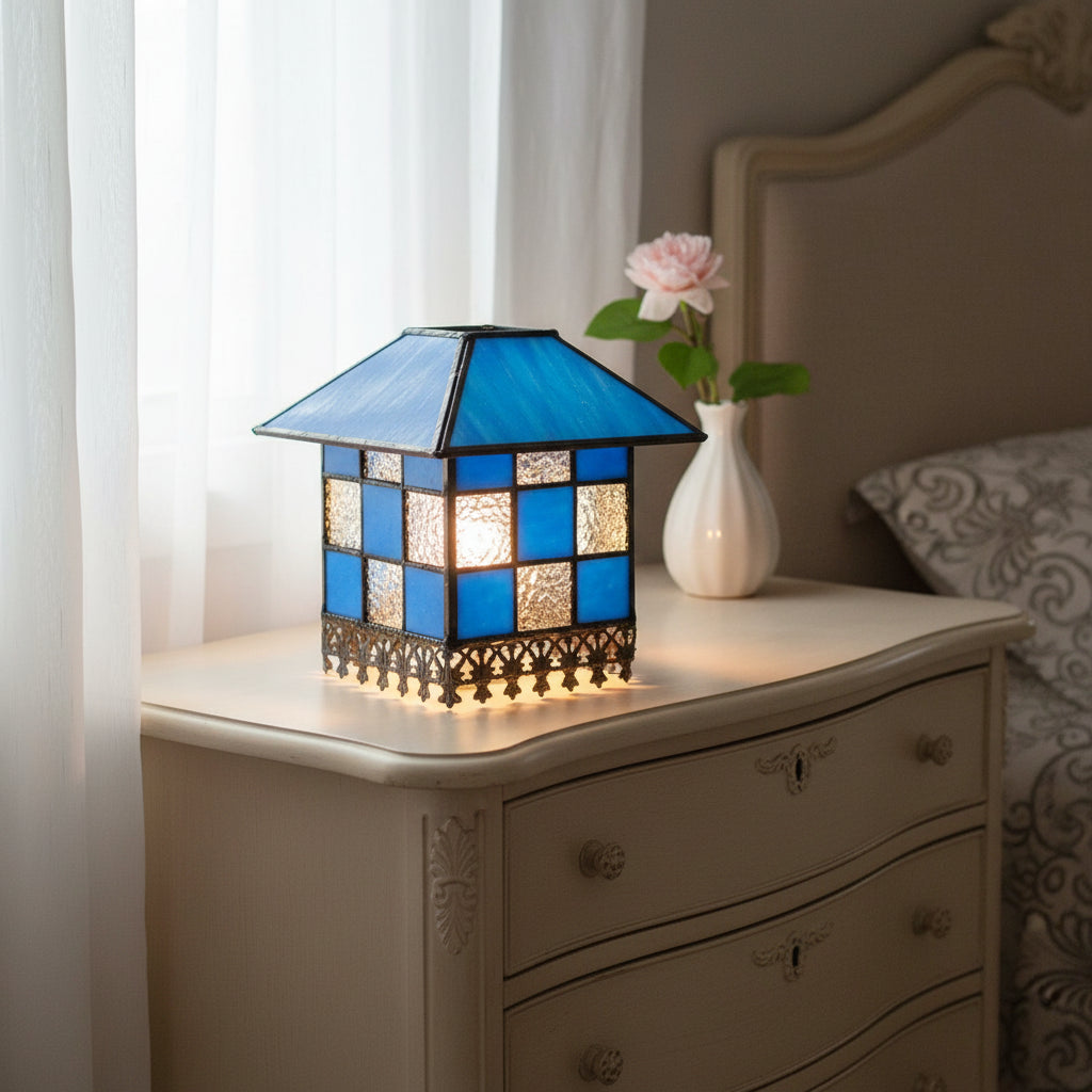 Blue tinted glass lantern lampshade with geometric checkered pattern