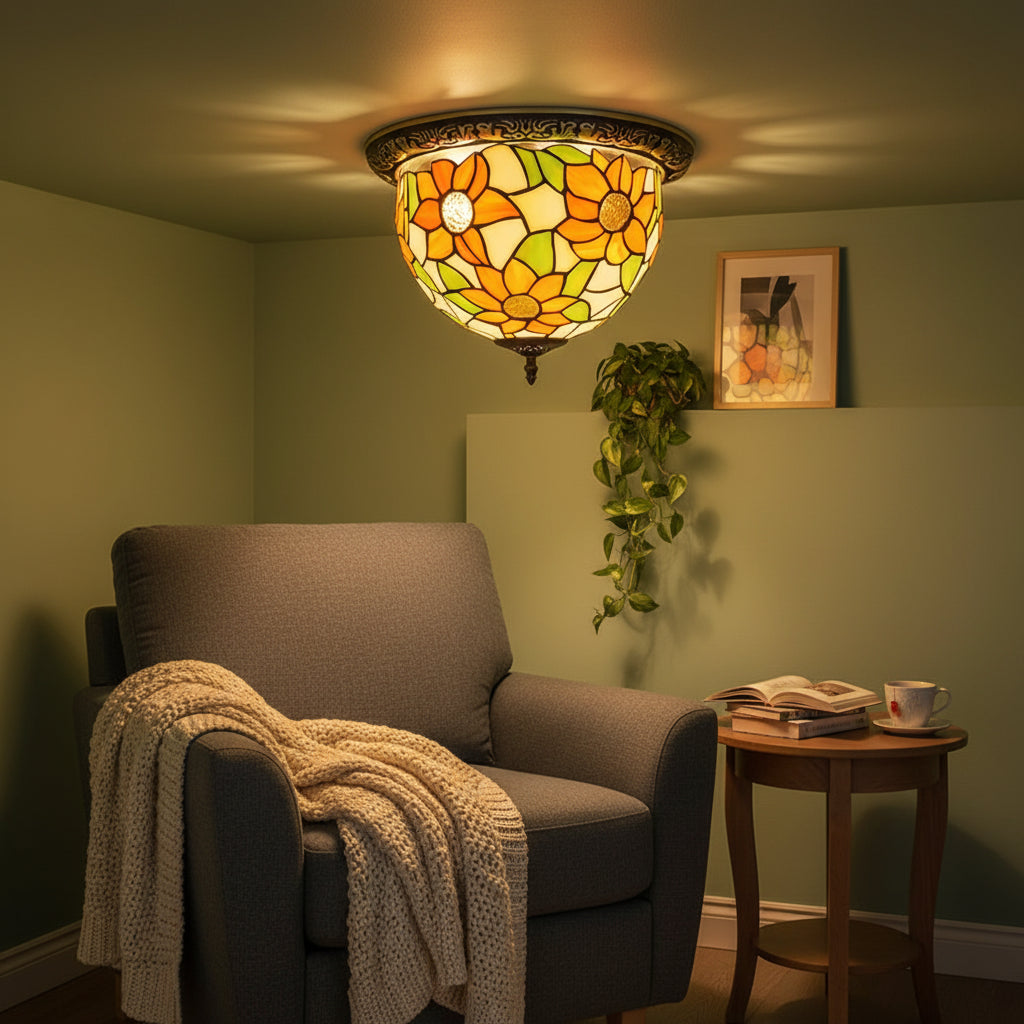 Round Tiffany Glass Ceiling Light Sunflowers Orange