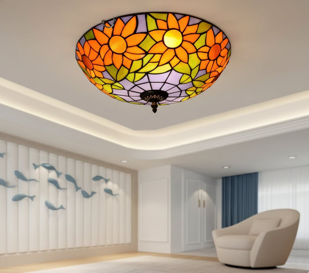 Tiffany-style stained glass ceiling light with sunflowers