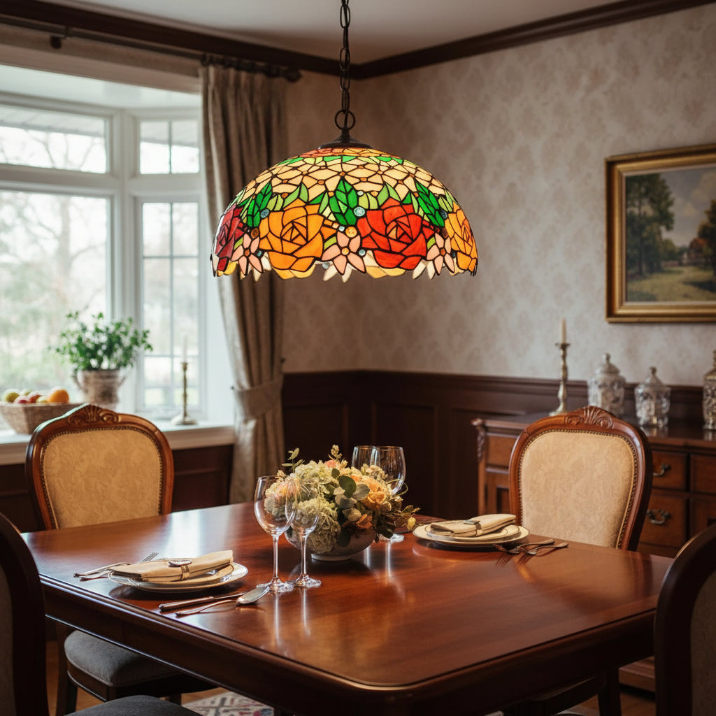 Tiffany-style stained glass rose pendant light, Ø40cm