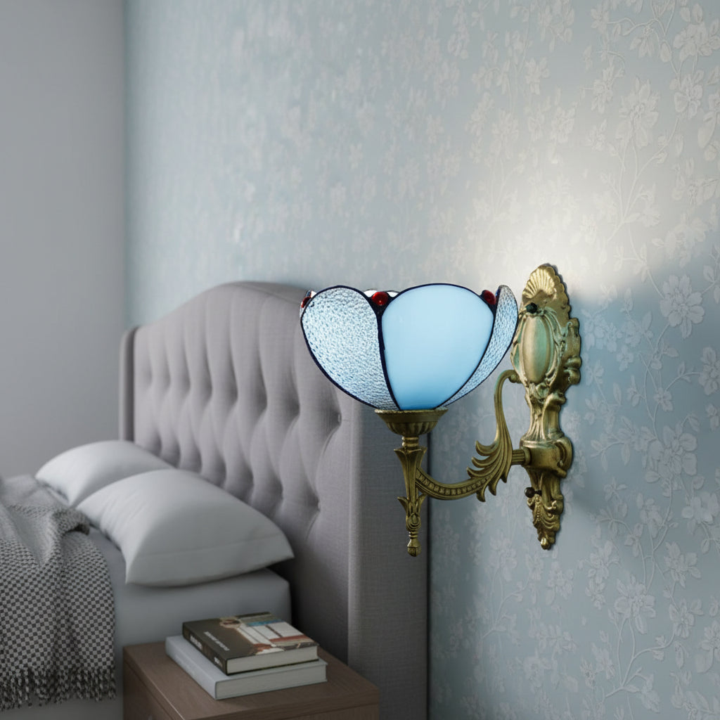 Vintage Wall Sconce in Blue Opal Glass and Antique Brass