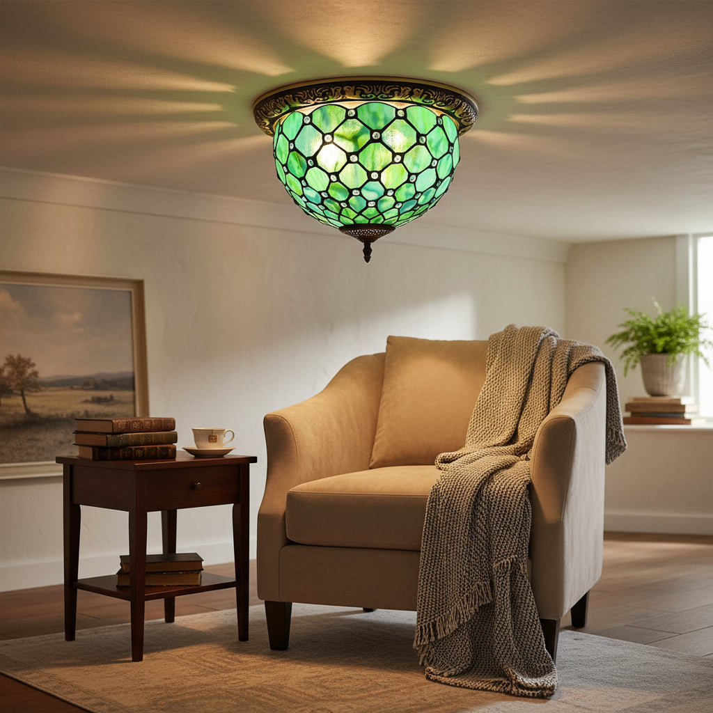 Tiffany Style Ceiling Light in Green Stained Glass