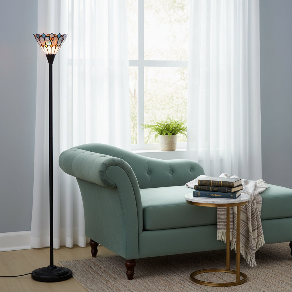 Tiffany-style stained glass floor lamp with flowers and butterflies