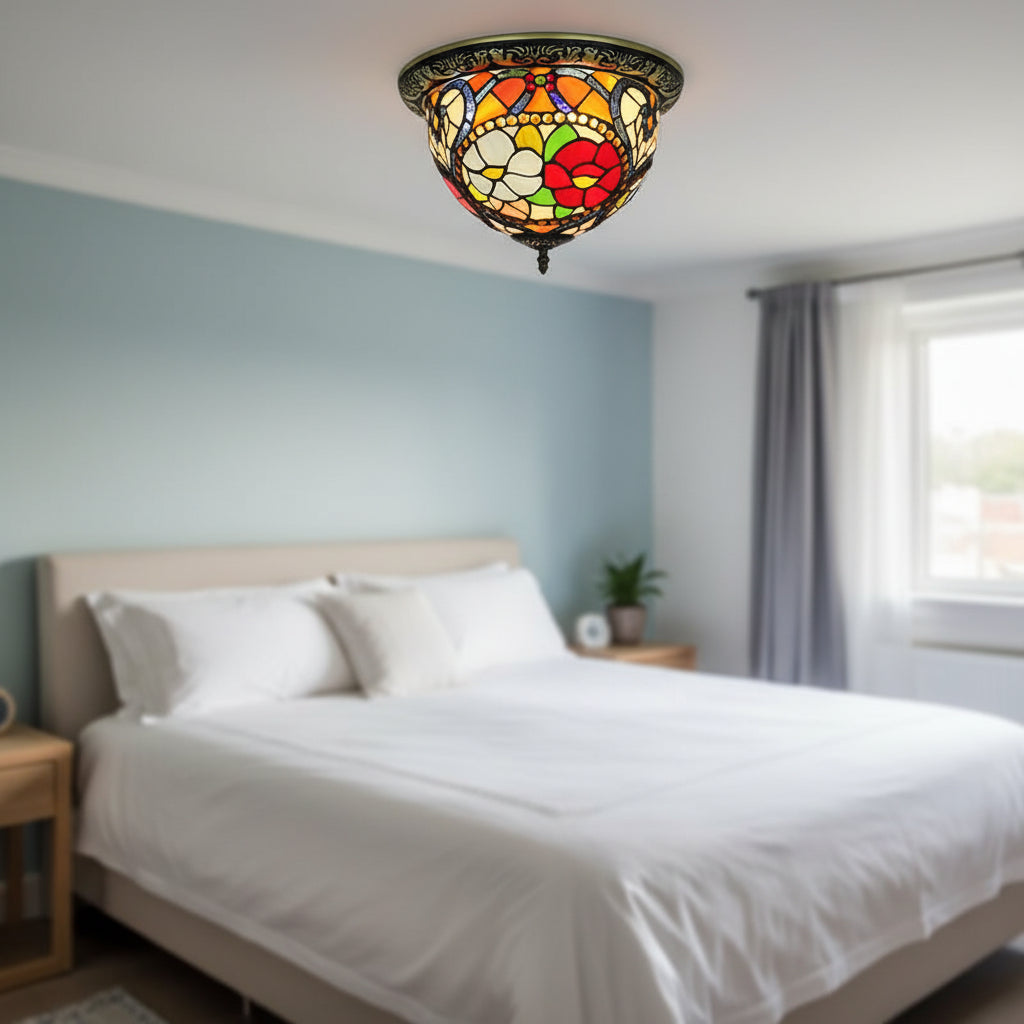 Tiffany-style Floral Stained Glass and Iron Ceiling Light