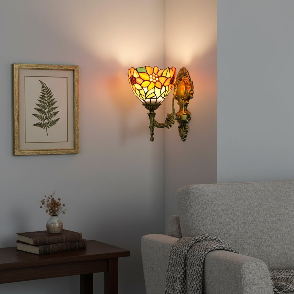 Floral Tiffany Wall Sconce in Stained Glass and Aged Brass
