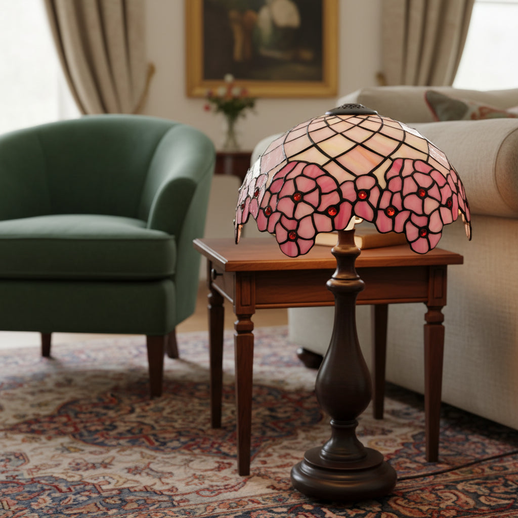 Pink Floral and Geometric Stained Glass Lampshade