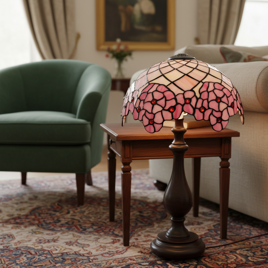 Pink Floral Tiffany Lampshade with Red Cabochons