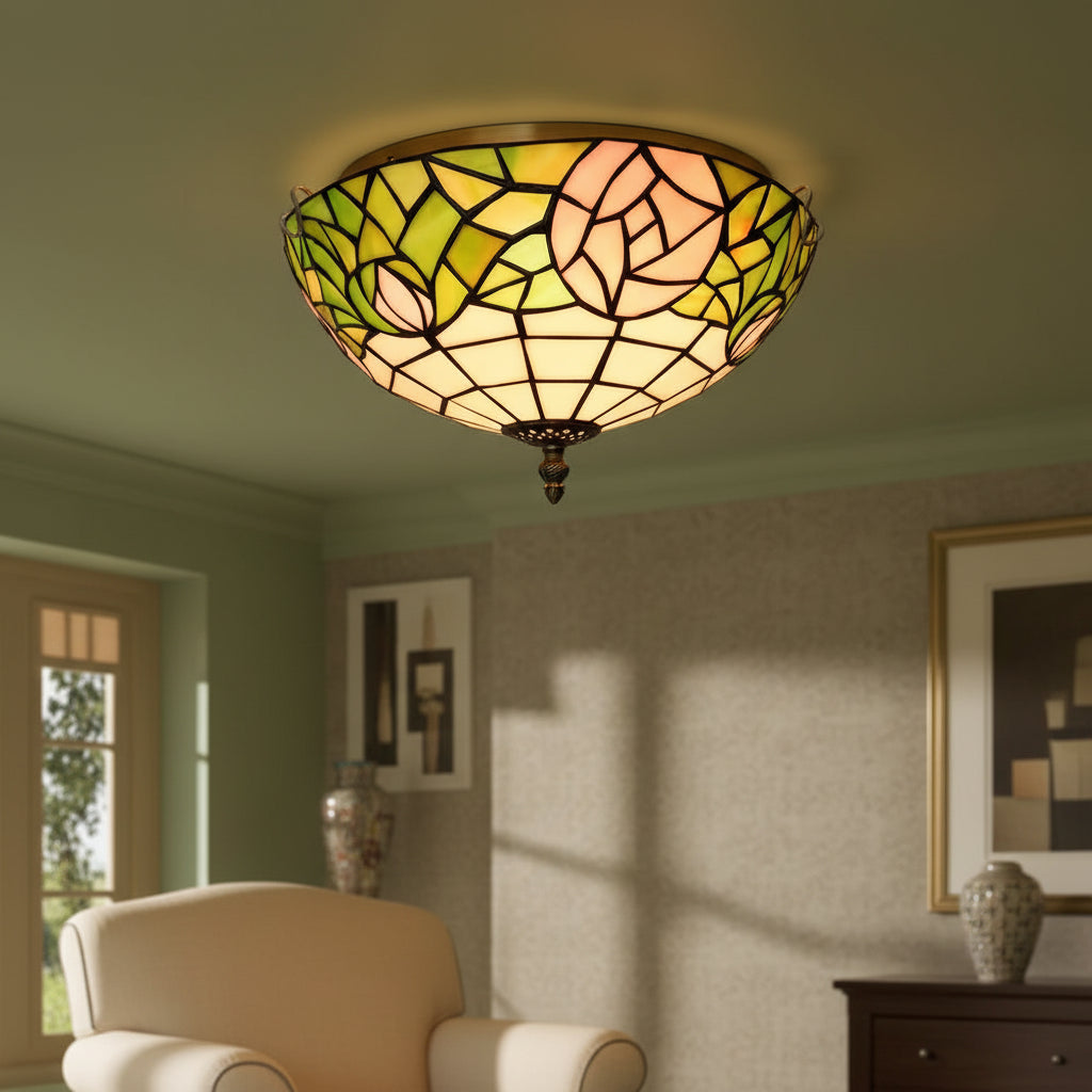 Round Tiffany Stained Glass Ceiling Light in Green & Peach