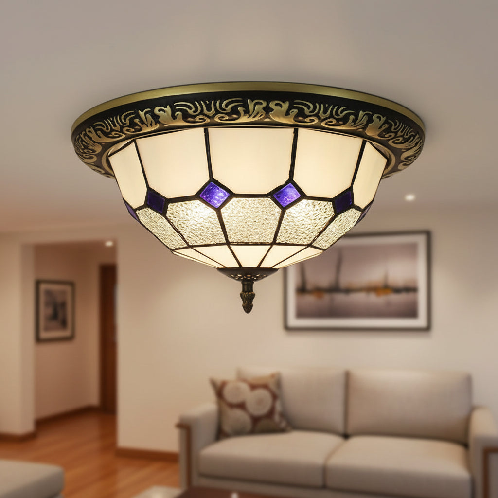 Tiffany Style Ceiling Light in Blue, Purple, and Wrought Iron