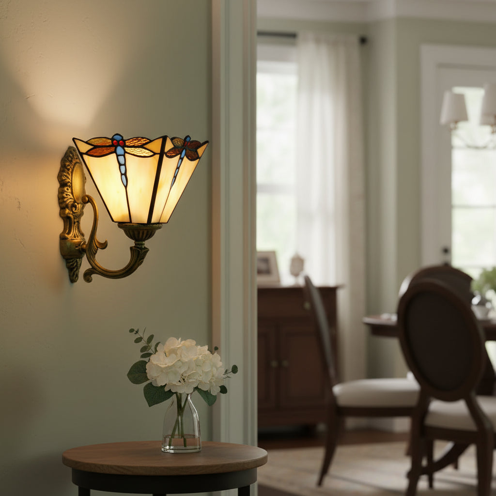 Antique Bronze Dragonfly Tiffany Style Wall Sconce