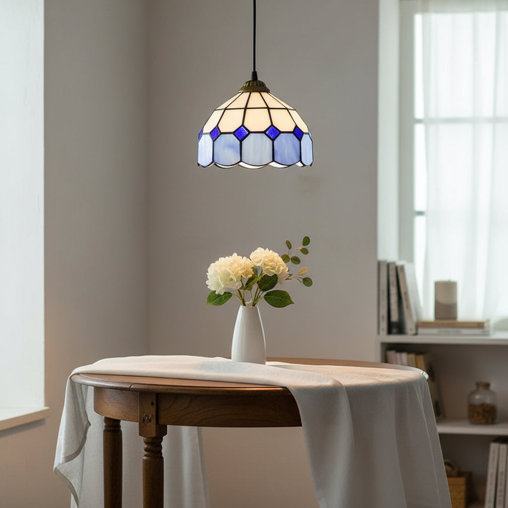 White and Blue Geometric Tiffany Pendant Light