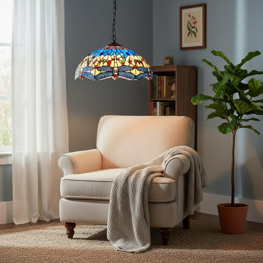 Tiffany-style stained glass dragonfly pendant light