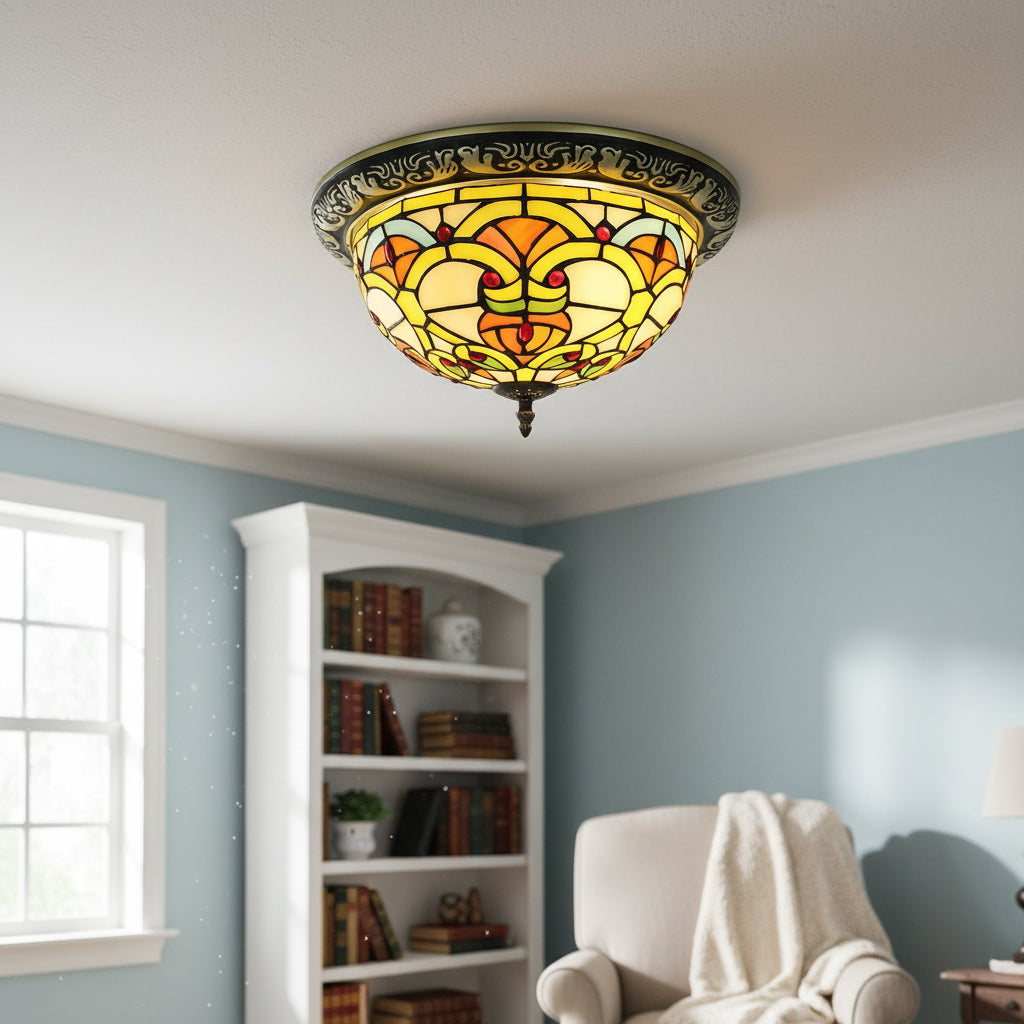 Round Tiffany-style ceiling light in stained glass