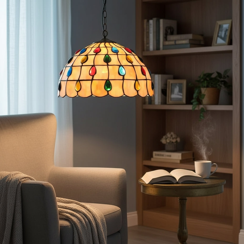 Tiffany-style pendant light in tinted glass with cabochons, 30cm