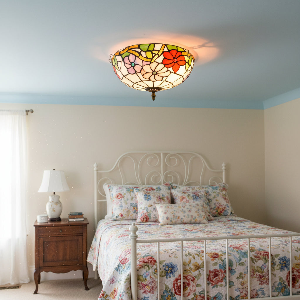 Multicolor Floral Stained Glass Ceiling Light in Tiffany Style