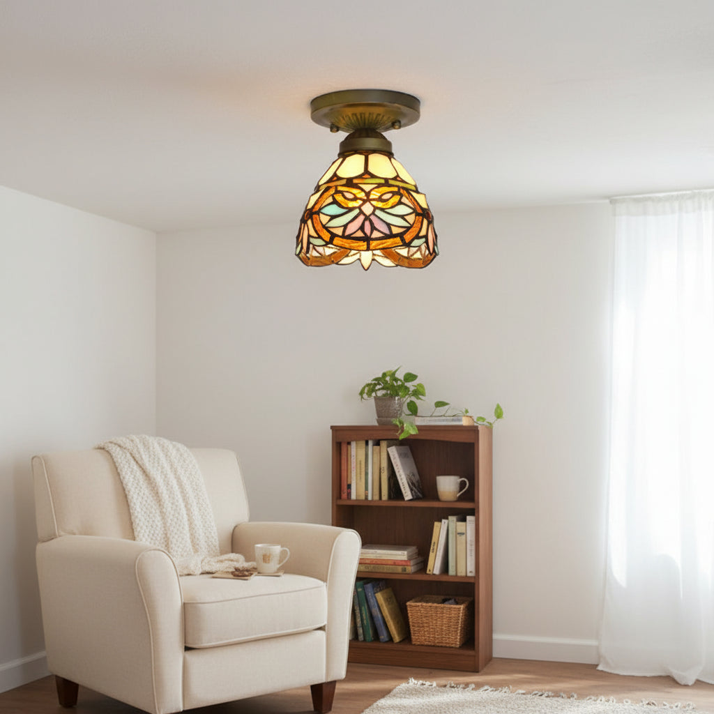 Floral Bronze Tiffany Style Stained Glass Ceiling Light