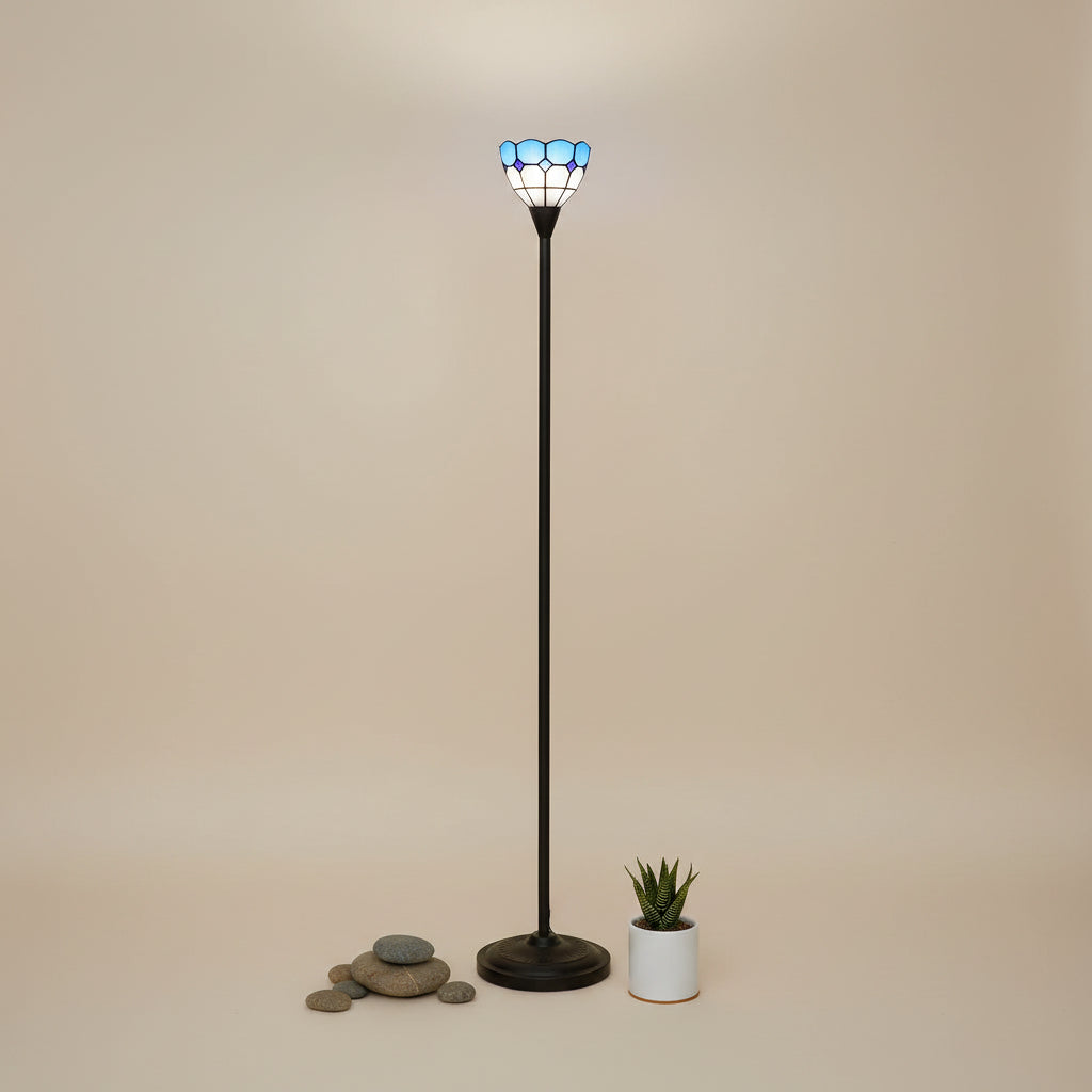 Blue and white stained glass floor lamp in the shape of a tulip
