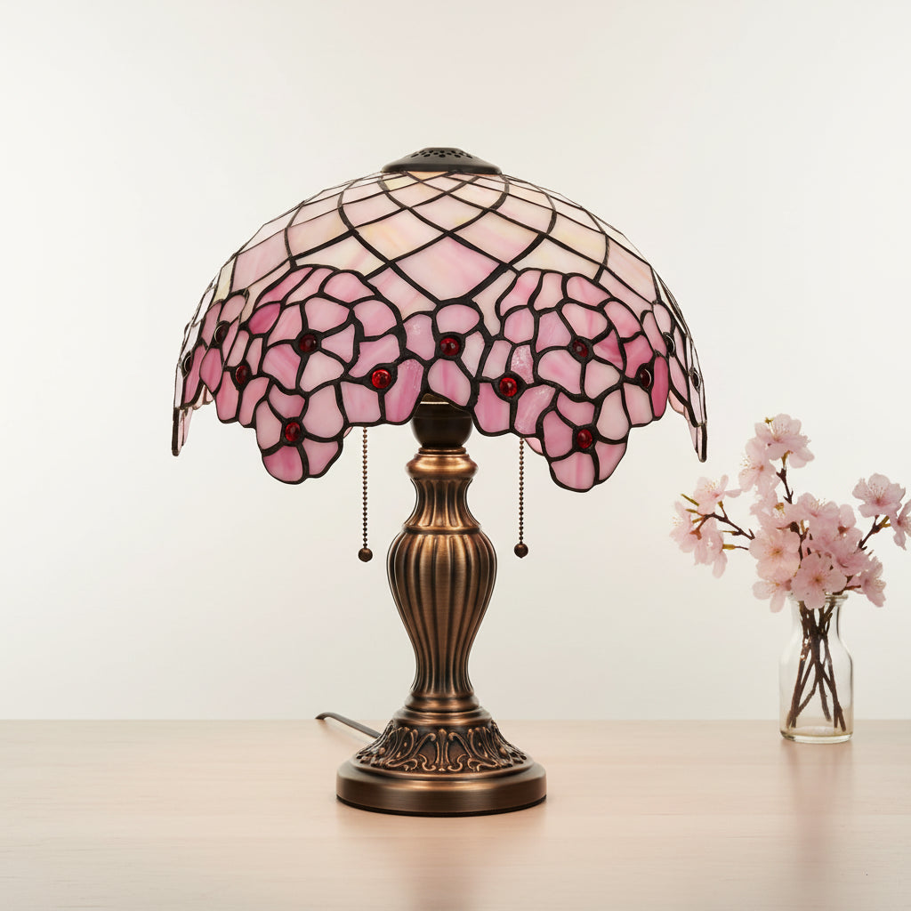 Pink Floral and Geometric Stained Glass Lampshade