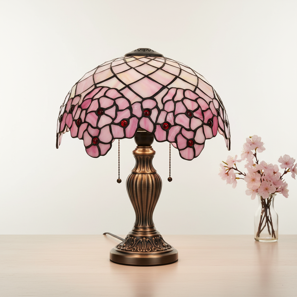 Pink Floral Tiffany Lampshade with Red Cabochons