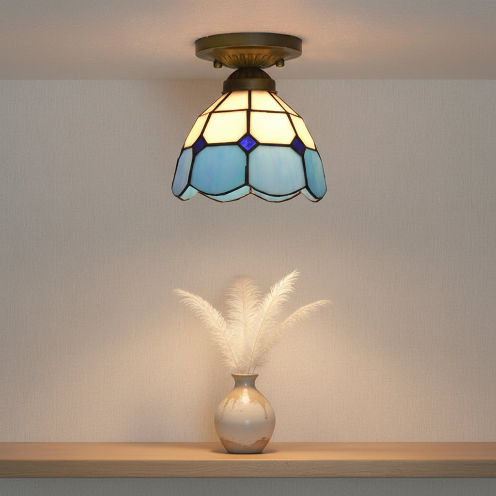 Tiffany Style Ceiling Light in Blue and White Tinted Glass