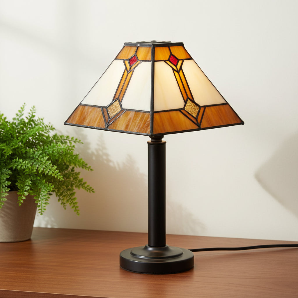 Geometric tinted glass lampshade in amber, cream and red