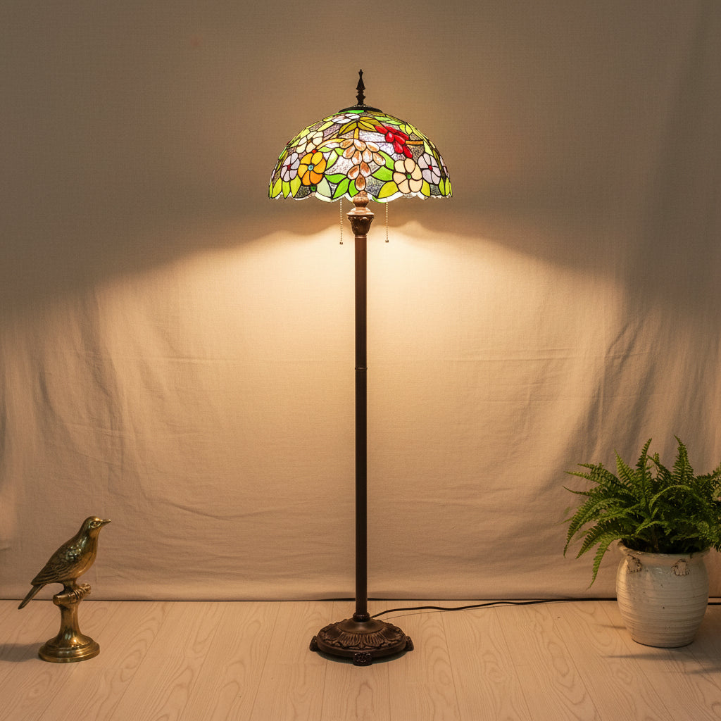 Tiffany Style Glass Floor Lamp with Flowers and Fruits