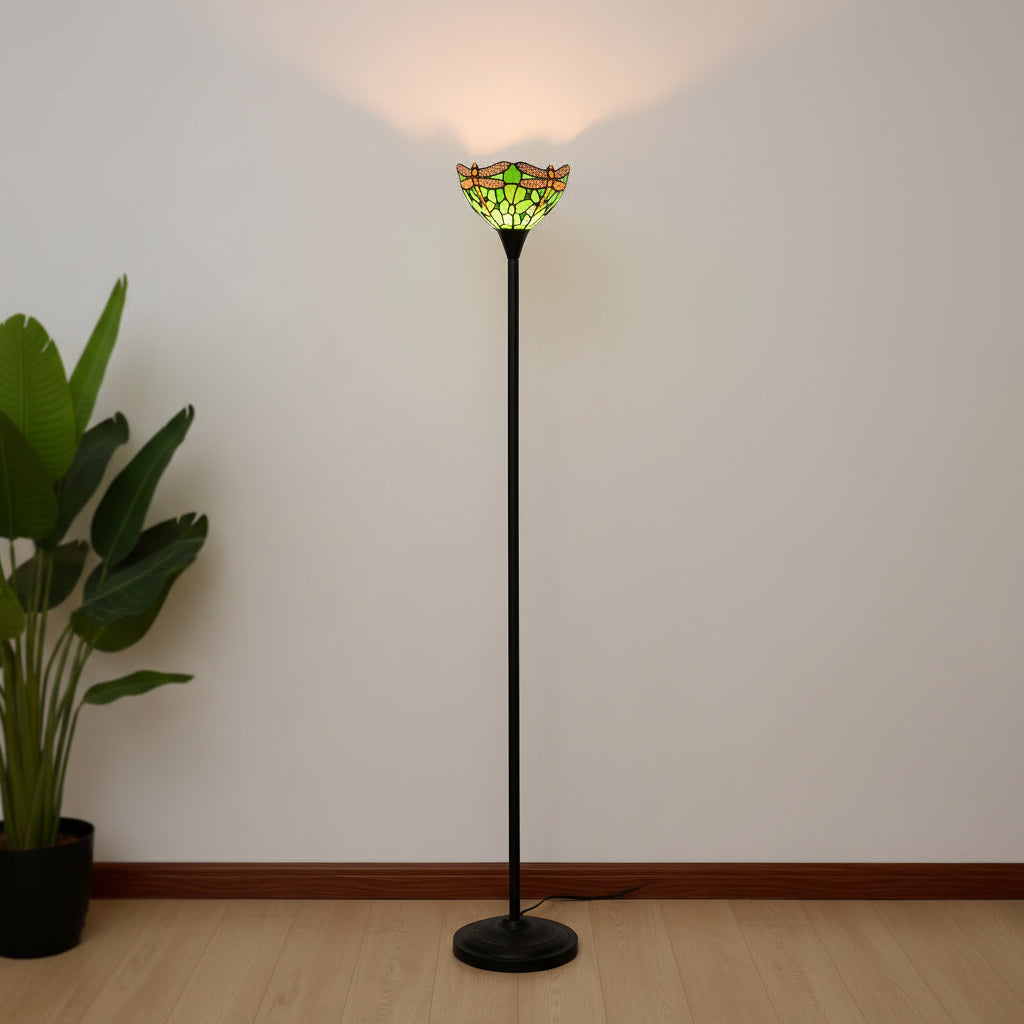 Tiffany-style stained glass floor lamp with green dragonflies