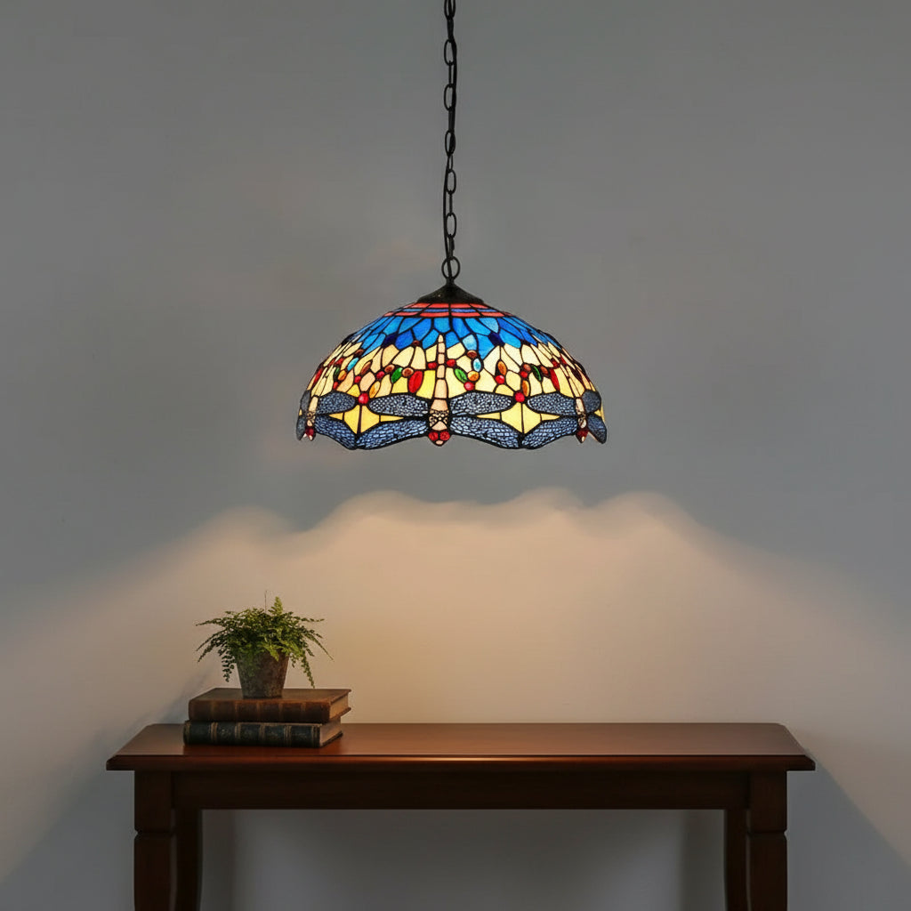 Tiffany-style stained glass dragonfly pendant light