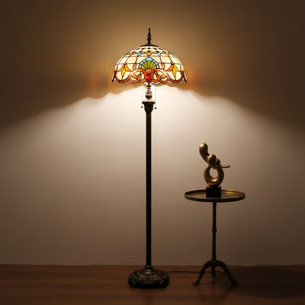 Tiffany-style stained glass floor lamp in multicolored glass