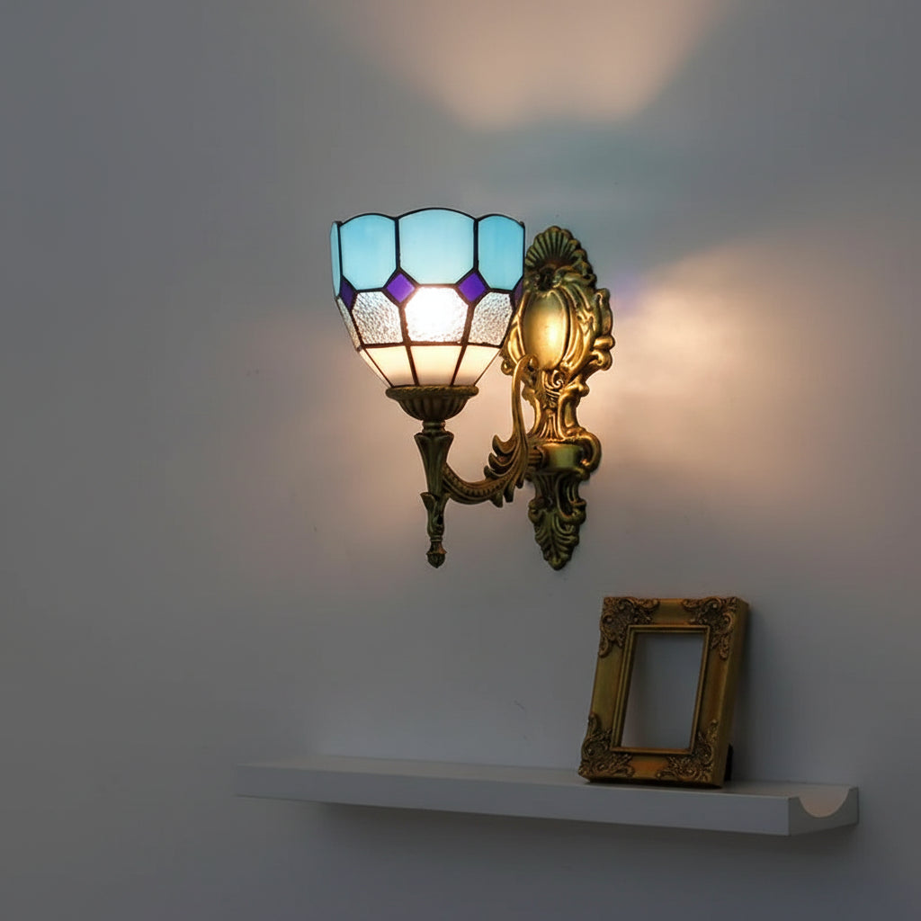 Ornate Wall Sconce in Blue and Purple Tinted Glass