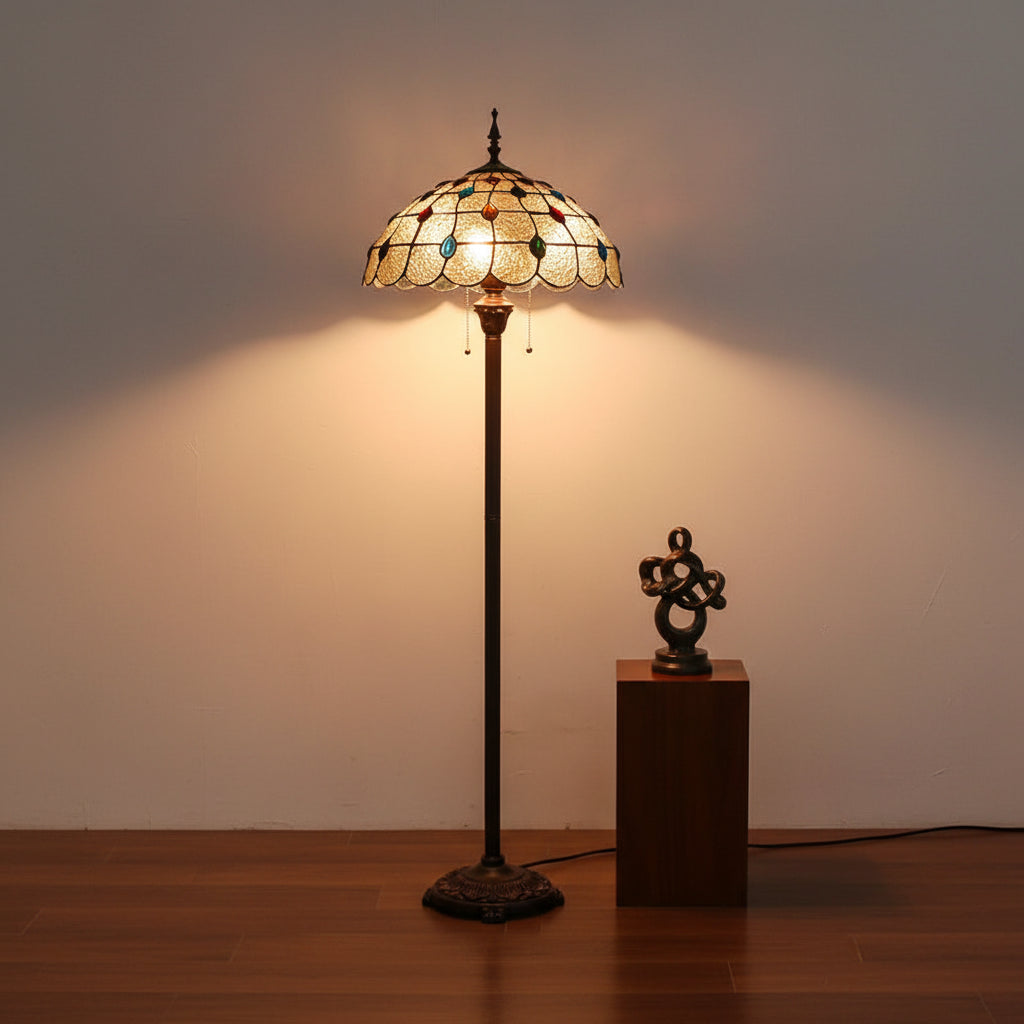 Tiffany-style stained glass floor lamp with cabochons