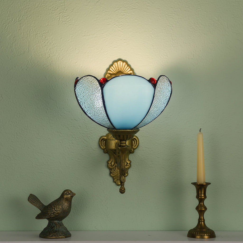 Vintage Wall Sconce in Blue Opal Glass and Antique Brass