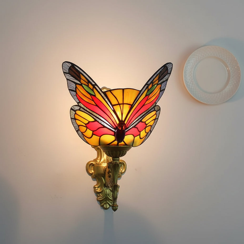 Ornate Tiffany Style Stained Glass Butterfly Wall Sconce