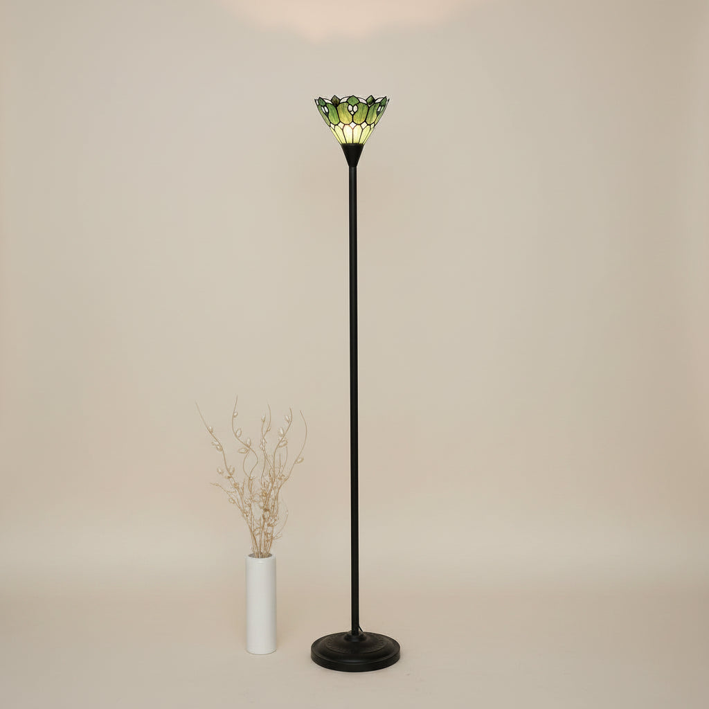 Tiffany-style floor lamp in green and cream stained glass