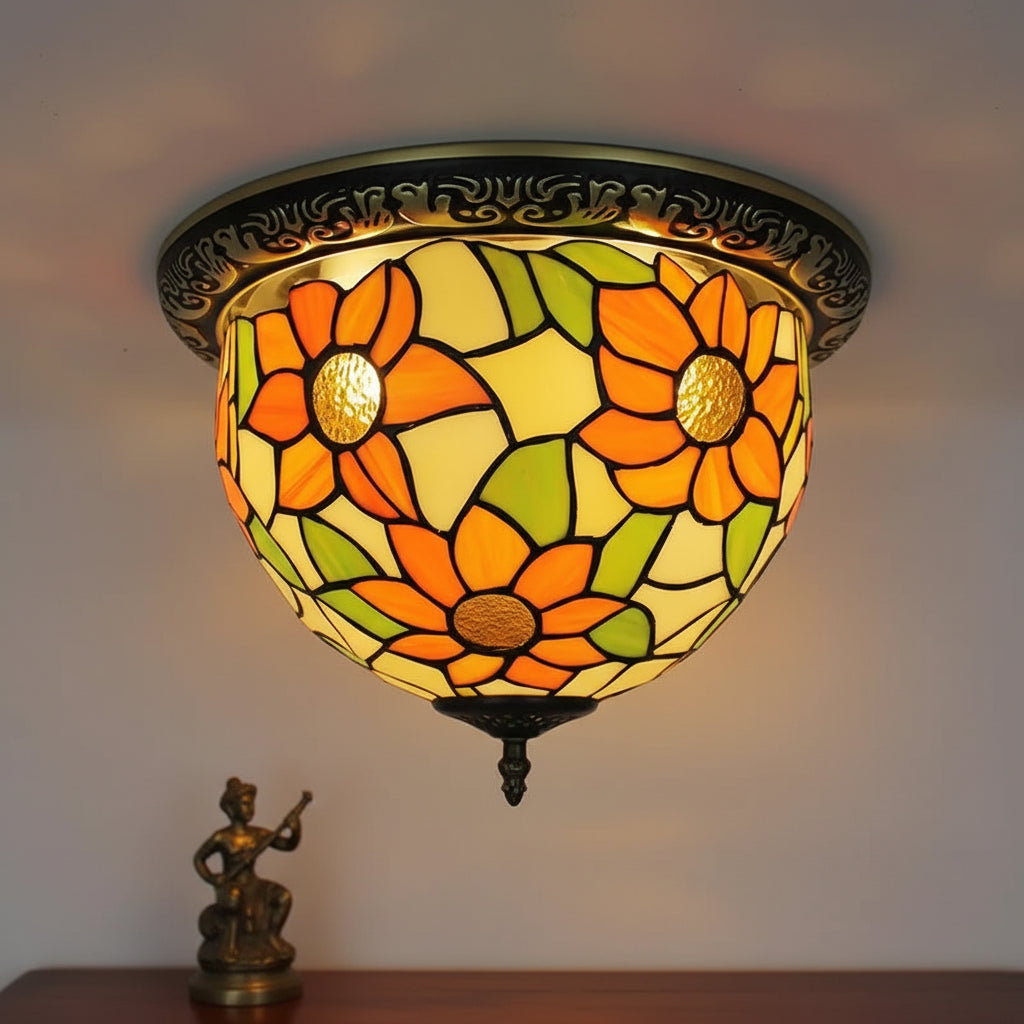 Round Tiffany Glass Ceiling Light Sunflowers Orange