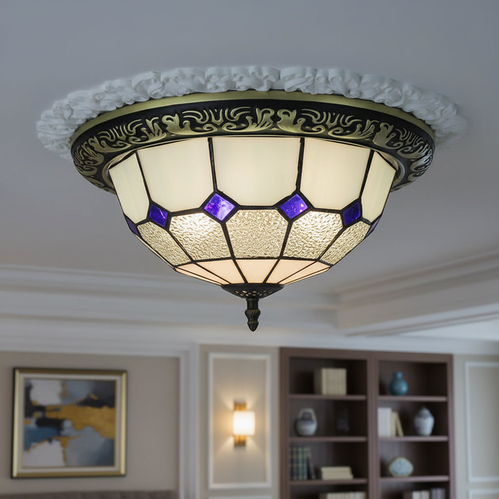 Tiffany Style Ceiling Light in Blue, Purple, and Wrought Iron