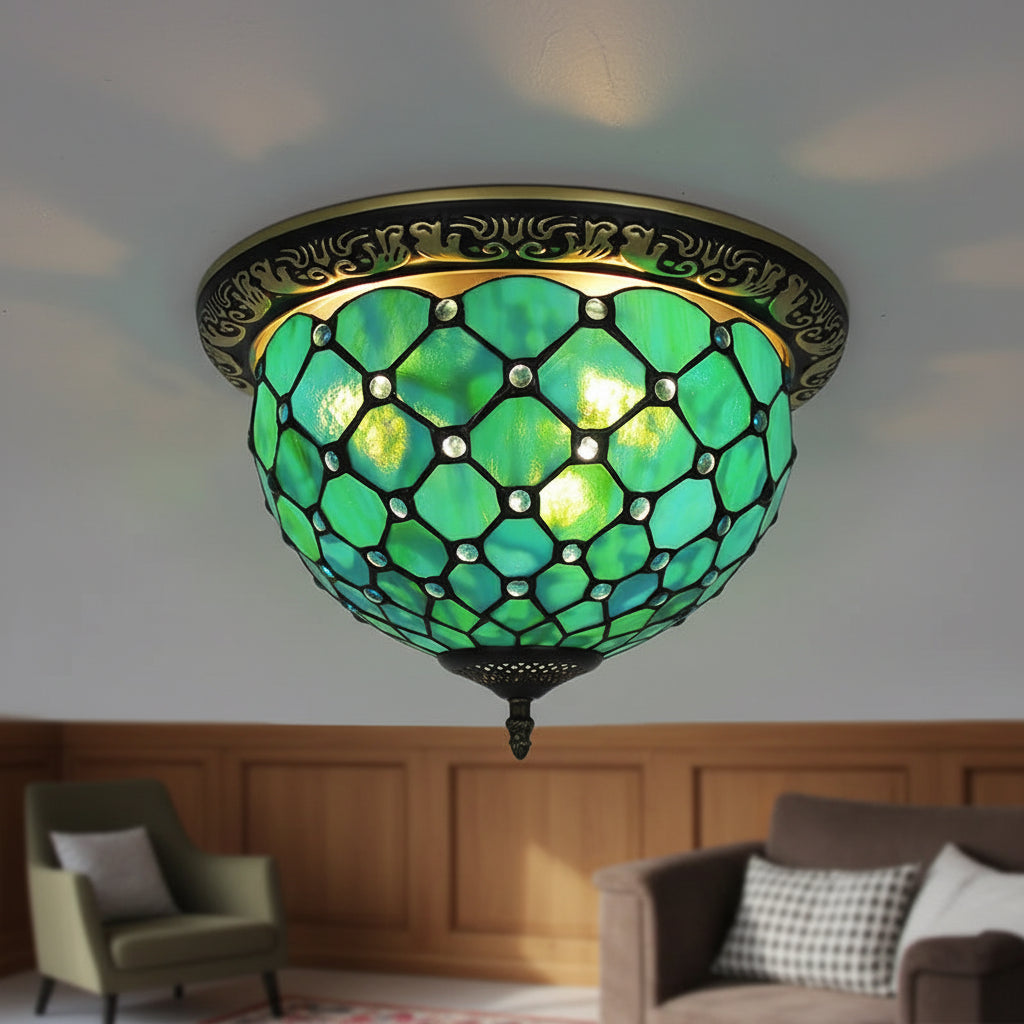 Tiffany Style Ceiling Light in Green Stained Glass