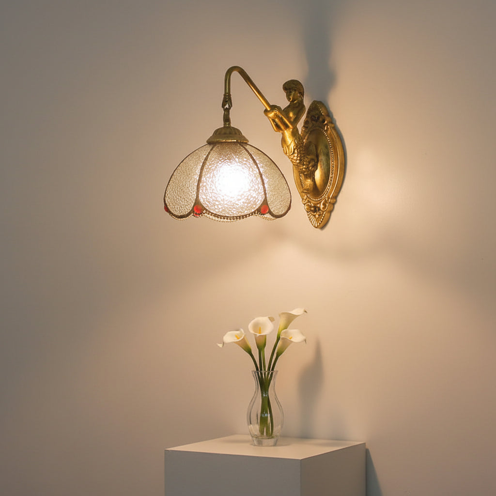 Vintage Gold Mermaid Wall Sconce in Textured Glass
