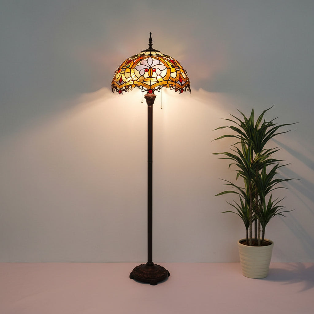 Vintage Tiffany Floor Lamp in Floral Stained Glass